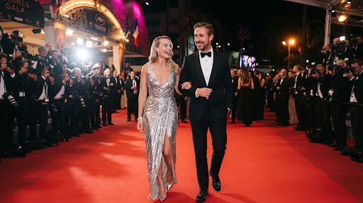 Two stars in formal evening wear posing on a gala red carpet under camera flashes