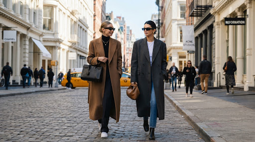 Fashion-forward people walking a sunny city street in long wool coats