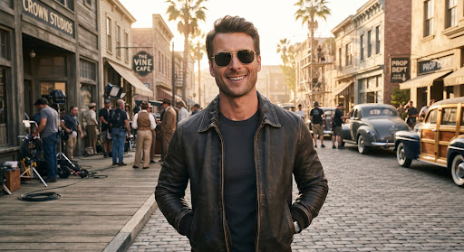 Actor in aviator sunglasses and a tailored leather jacket