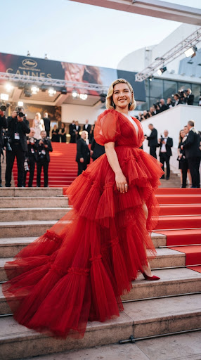 Actress in a voluminous coral silk gown on a waterfront red carpet