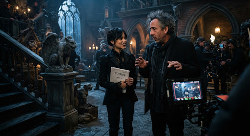 Actress in gothic tailoring beside a director on a Victorian house set