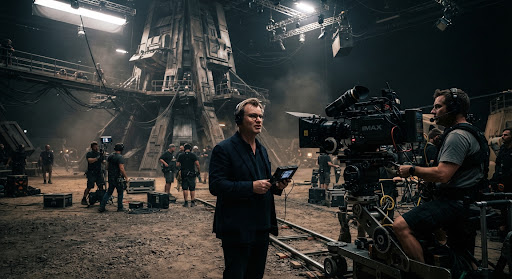 Film director on a desert soundstage beside large vintage film cameras