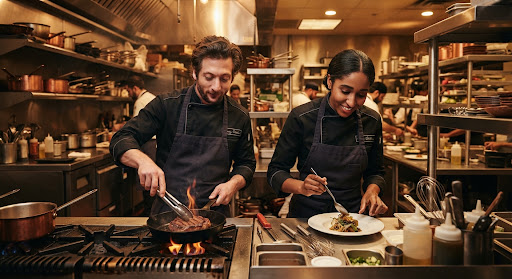 Two actors in dark chef coats in a stainless steel restaurant kitchen