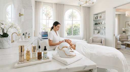 Luxury spa treatment room with a skincare setup and soft lighting