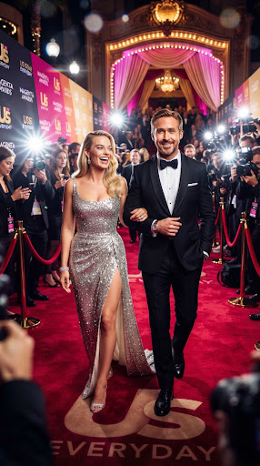 Two people walking together through a glamorous evening event