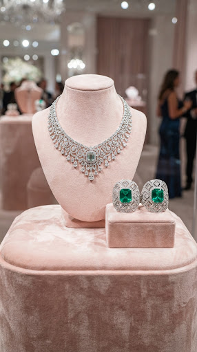 High-jewelry diamond necklaces displayed on dark velvet