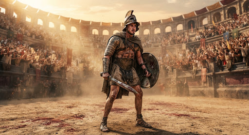 Actor in battle-worn armour holding a bronze sword