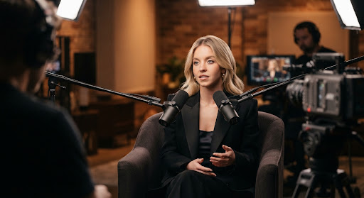 Actress seated for an interview in a studio with soft warm lighting