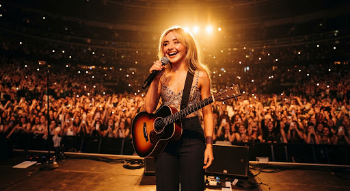 Singer on stage with a microphone, backlit by warm golden light